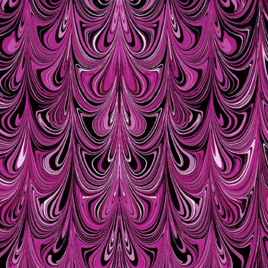 Needle Stars Chandelier Fuchsia fabric repeat — marbled feather swirl print in fuchsia, magenta, violet, pink, and black by Paula Nadelstern for Benartex