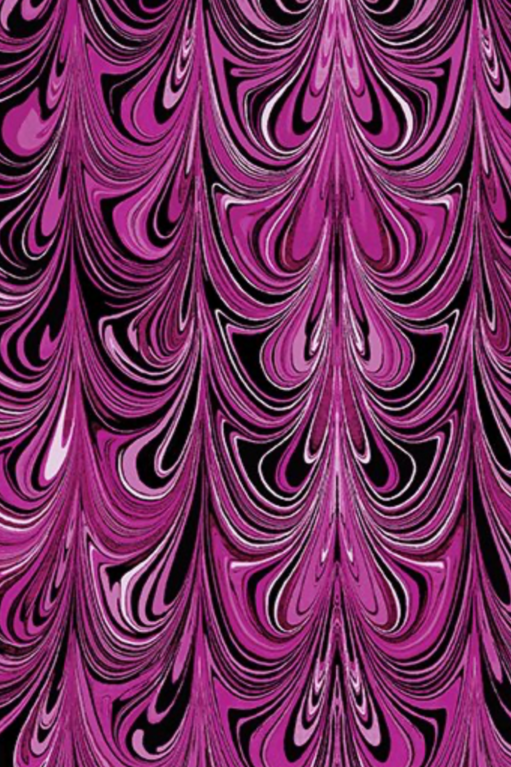 Needle Stars Chandelier Fuchsia quilting cotton repeat — dramatic marbled feather swirl in fuchsia, magenta, violet, and black by Paula Nadelstern for Benartex