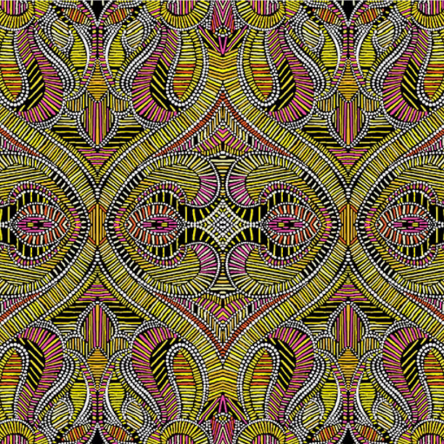 What If Good Vibes Gold/Multi quilting cotton repeat — bold kaleidoscopic geometric in citron, magenta, orange-red, and black by Paula Nadelstern for Benartex
