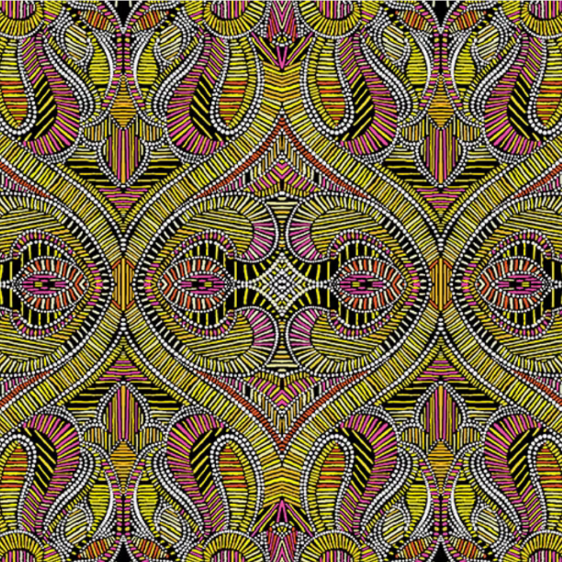 What If Good Vibes Gold/Multi quilting cotton repeat — bold kaleidoscopic geometric in citron, magenta, orange-red, and black by Paula Nadelstern for Benartex