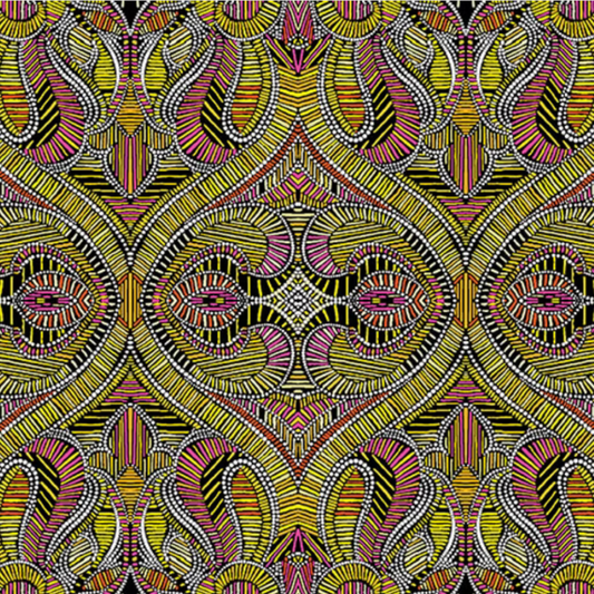 What If Good Vibes Gold/Multi quilting cotton repeat — bold kaleidoscopic geometric in citron, magenta, orange-red, and black by Paula Nadelstern for Benartex