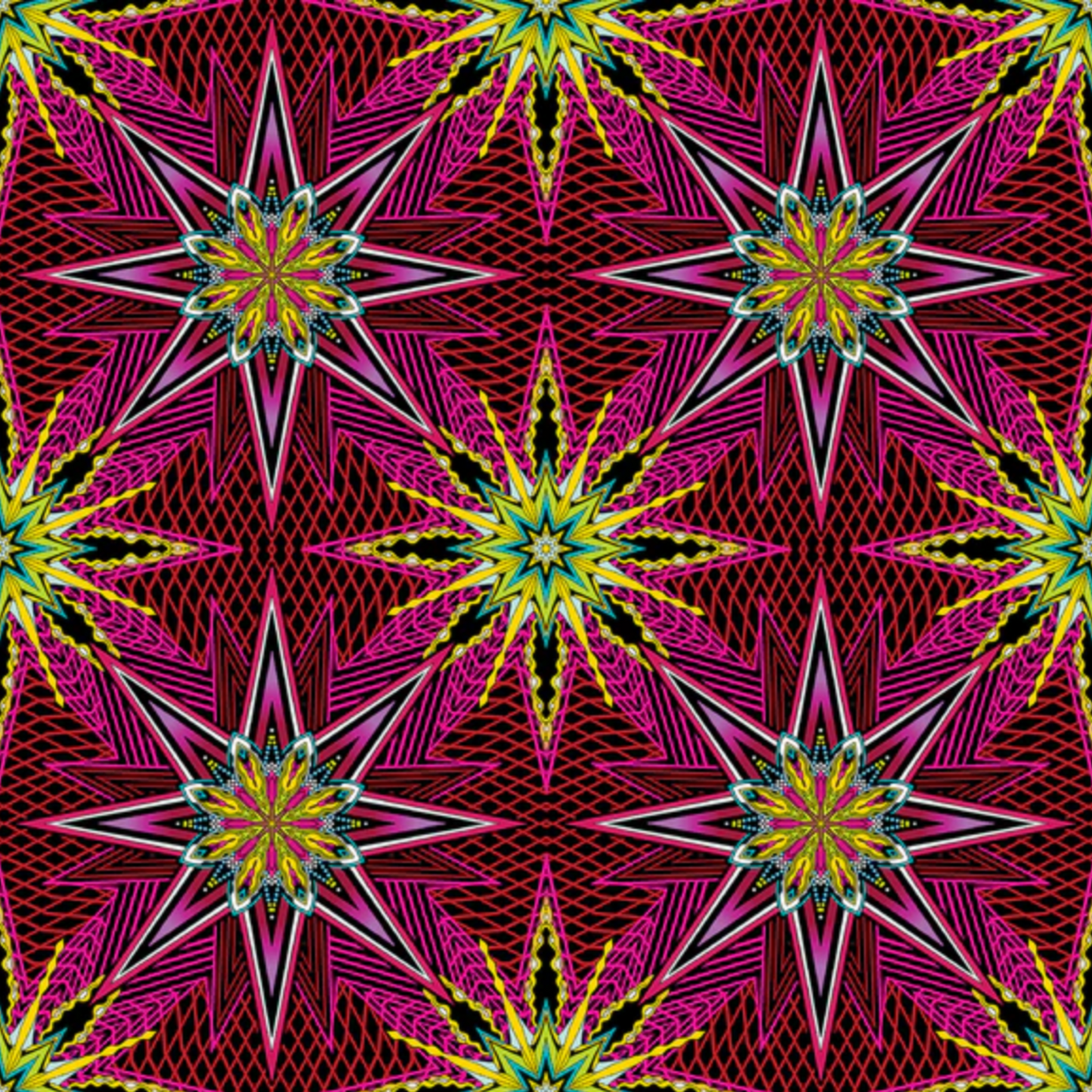 What If Radio Star Red/Multi quilting cotton repeat — bold kaleidoscopic starburst in magenta, crimson, black, and yellow-gold by Paula Nadelstern for Benartex