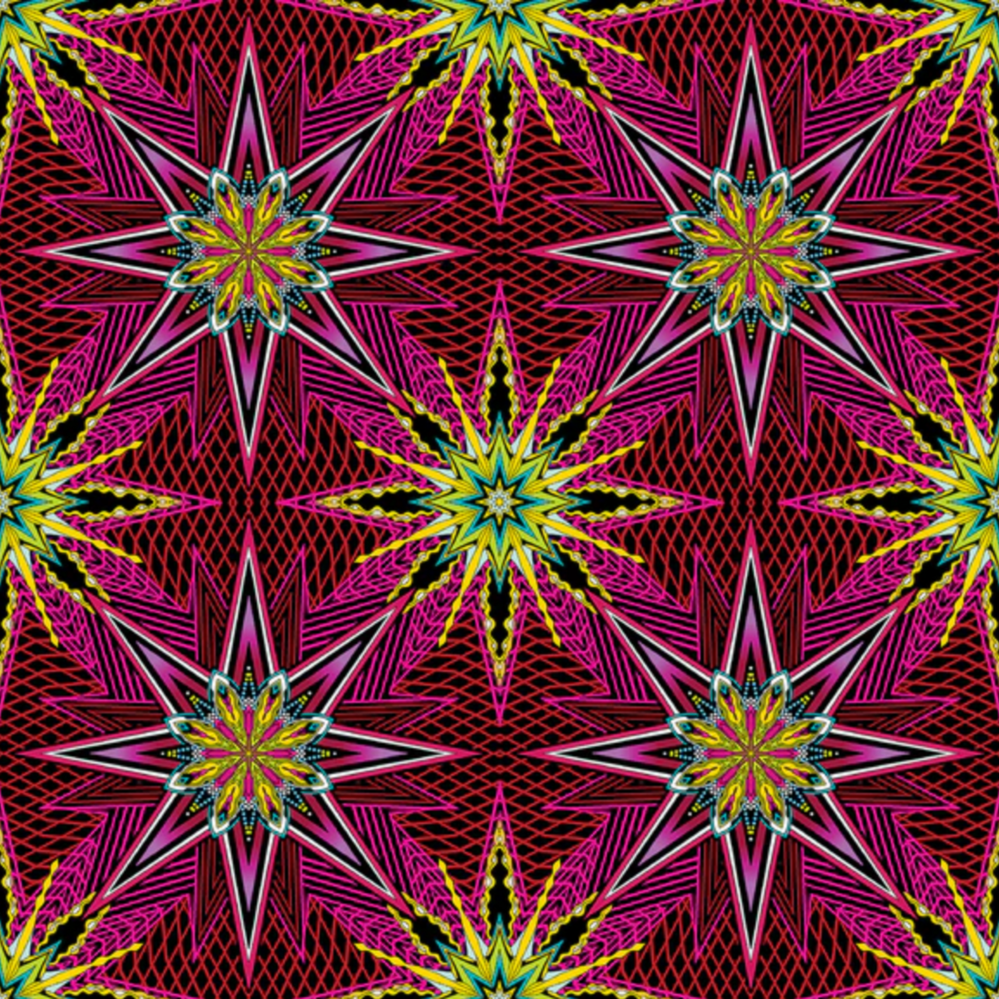 What If Radio Star Red/Multi quilting cotton repeat — bold kaleidoscopic starburst in magenta, crimson, black, and yellow-gold by Paula Nadelstern for Benartex
