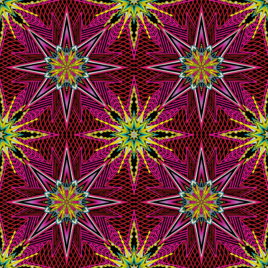 What If Radio Star Red/Multi quilting cotton repeat — bold kaleidoscopic starburst in magenta, crimson, black, and yellow-gold by Paula Nadelstern for Benartex