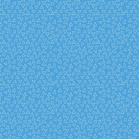 Safari Fun Floating Triangles Blue by Terry Runyan for Benartex – full fabric repeat, scattered white hand-drawn triangle outlines on cornflower blue quilting cotton