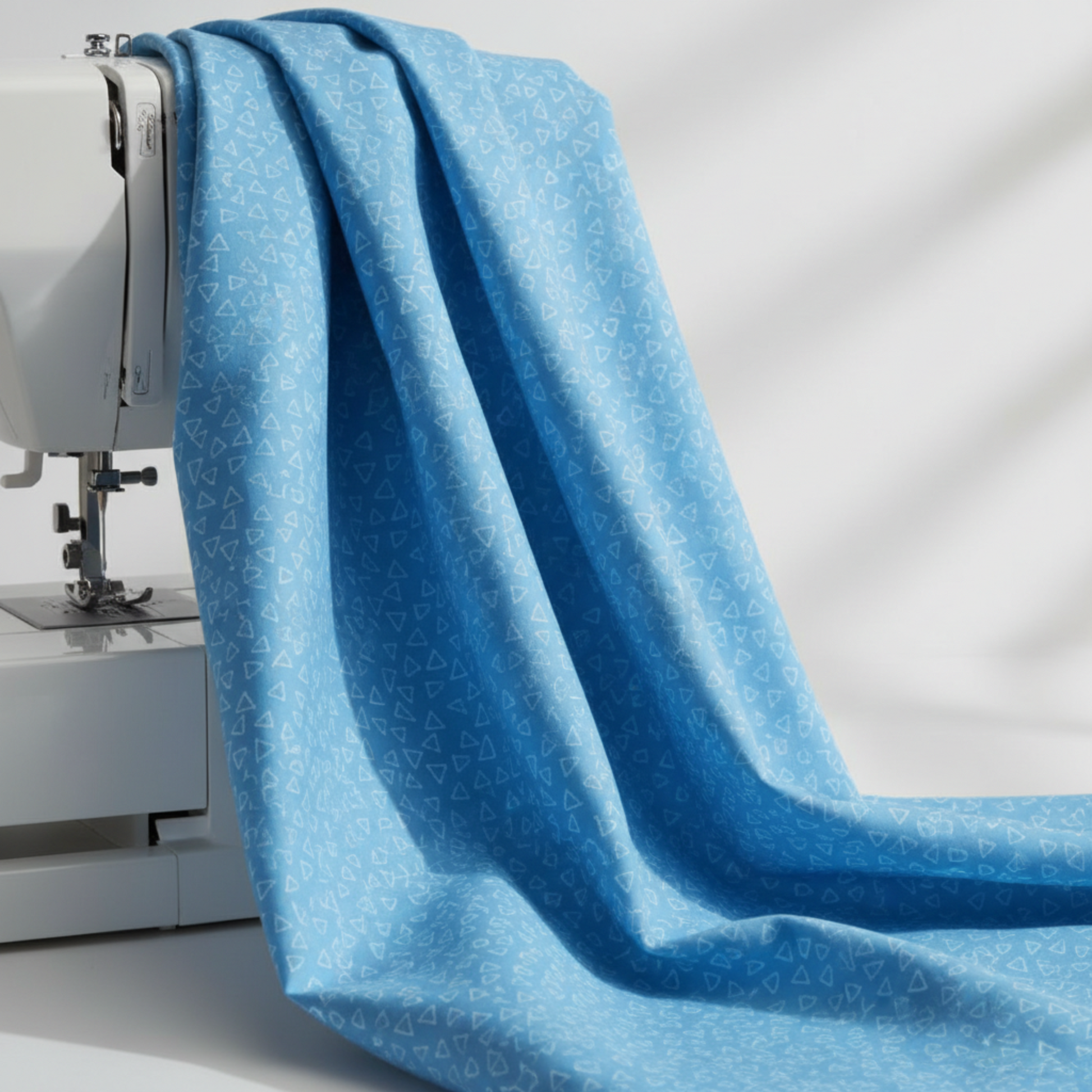 Safari Fun Floating Triangles Blue by Terry Runyan for Benartex – fabric draped over a sewing machine showing drape and hand of the quilting cotton