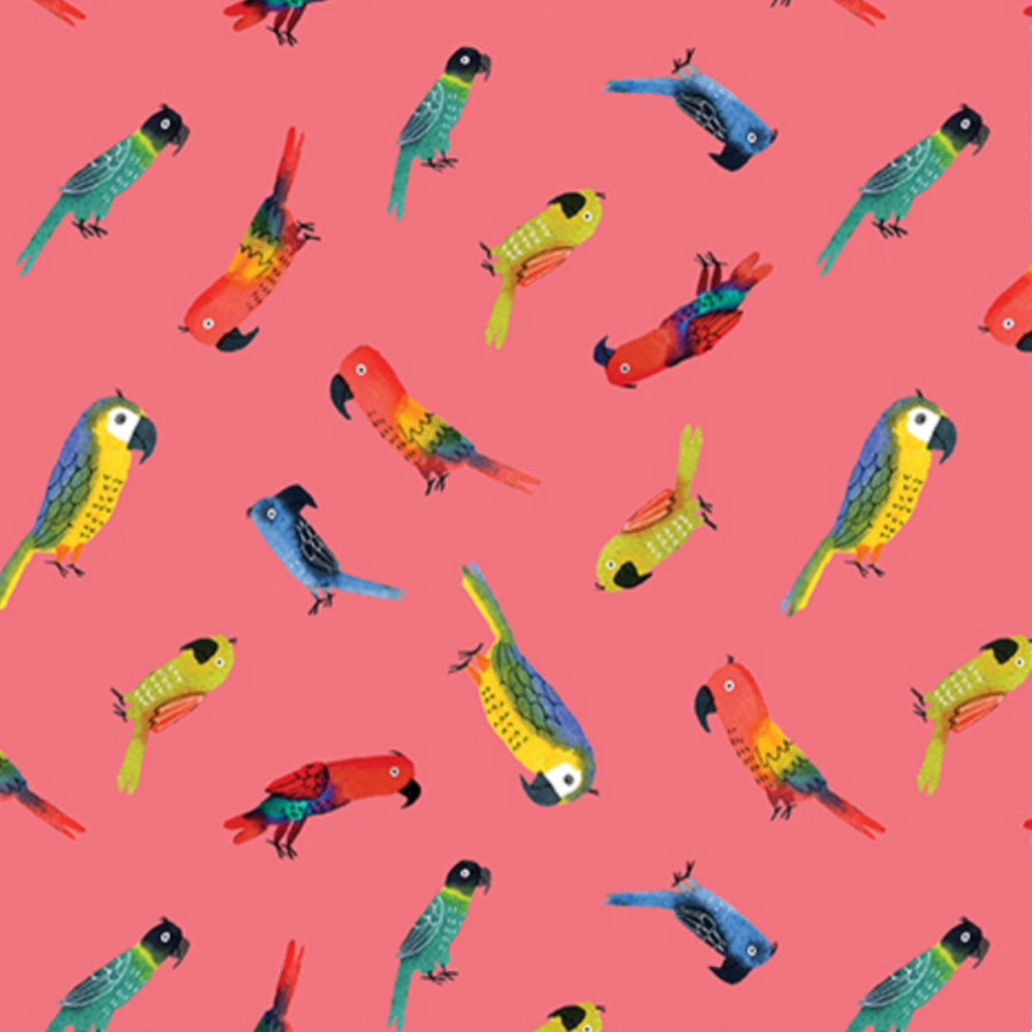 Close-up of coral sorbet pink quilting cotton with colorful tropical parrots in soft folds — Safari Fun Jungle Birds Sorbet by Terry Runyan for Benartex
