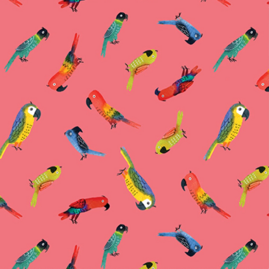 Close-up of coral sorbet pink quilting cotton with colorful tropical parrots in soft folds — Safari Fun Jungle Birds Sorbet by Terry Runyan for Benartex