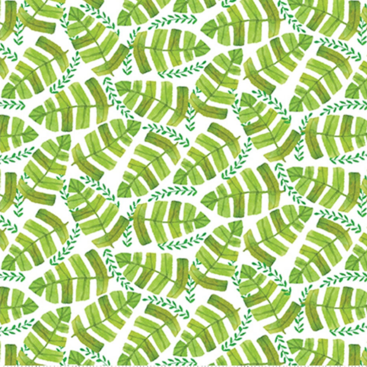 Safari Fun Jungle Leaves White quilting cotton close-up — watercolor tropical banana leaves and delicate fern sprigs in fresh green on white — Terry Runyan for Benartex