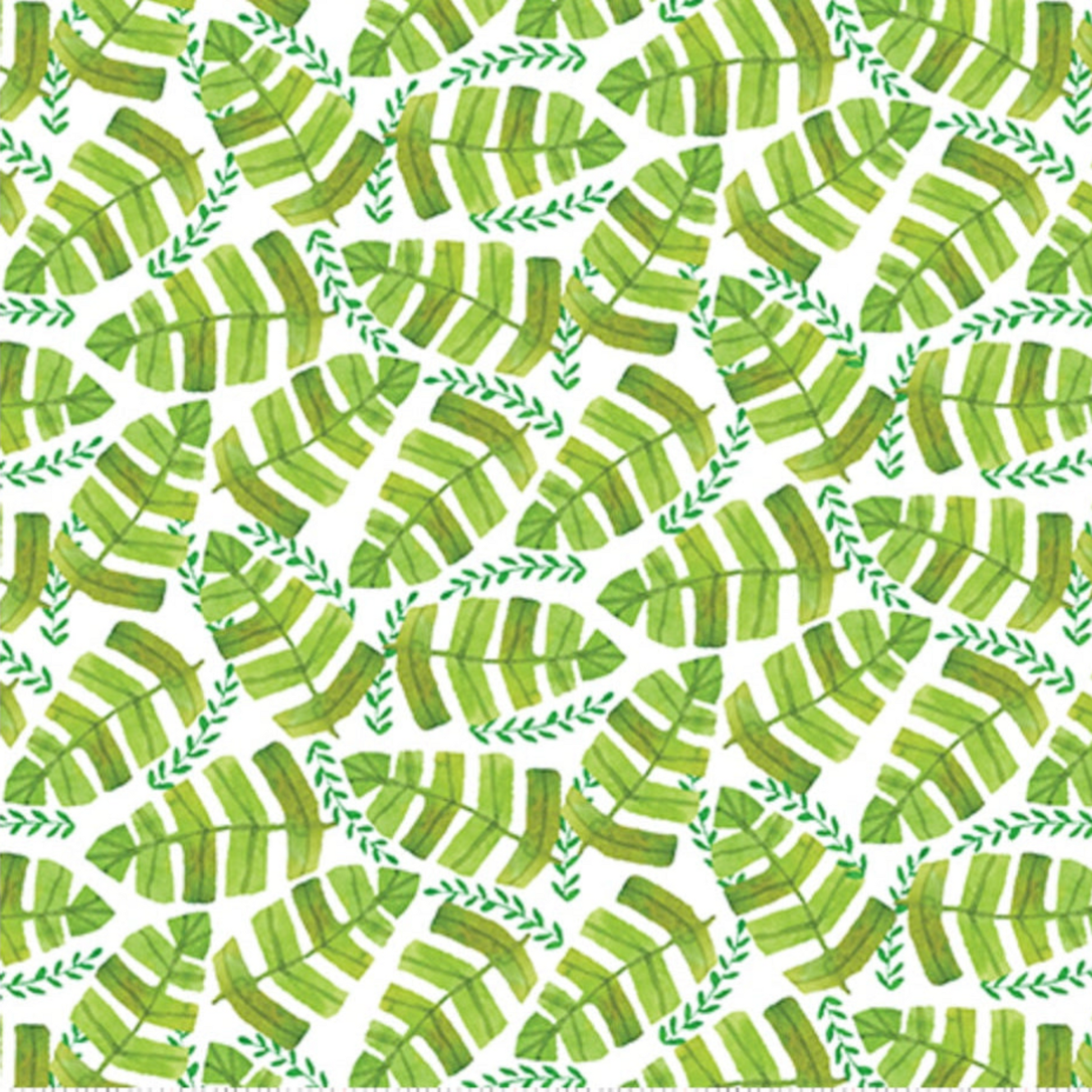 Safari Fun Jungle Leaves White quilting cotton close-up — watercolor tropical banana leaves and delicate fern sprigs in fresh green on white — Terry Runyan for Benartex