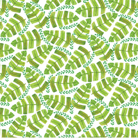 Safari Fun Jungle Leaves White quilting cotton close-up — watercolor tropical banana leaves and delicate fern sprigs in fresh green on white — Terry Runyan for Benartex