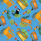Safari Fun Playful Safari Blue/Multi quilting cotton close-up — whimsical illustrated tigers, leopards, monkeys, toucans, and parrots tossed on bright sky blue — Terry Runyan for Benartex