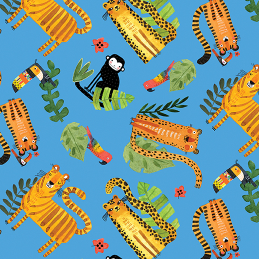 Safari Fun Playful Safari Blue/Multi quilting cotton close-up — whimsical illustrated tigers, leopards, monkeys, toucans, and parrots tossed on bright sky blue — Terry Runyan for Benartex