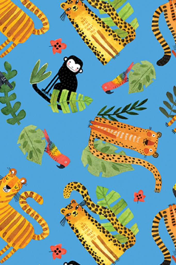 Safari Fun Playful Safari Blue/Multi by Terry Runyan for Benartex — whimsical illustrated jungle animals on bright sky blue quilting cotton — 100% cotton, 43–44" wide