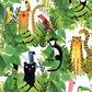 Safari Fun White/Multi quilting cotton close-up — large-scale watercolor jungle print with lush tropical leaves, leopards, black panthers, monkeys, rainbow parrots, and toucans on white — Terry Runyan for Benartex