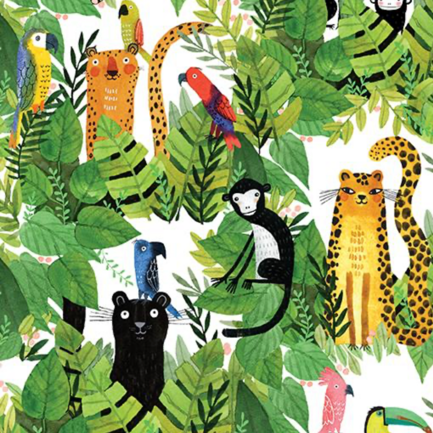 Safari Fun White/Multi quilting cotton close-up — large-scale watercolor jungle print with lush tropical leaves, leopards, black panthers, monkeys, rainbow parrots, and toucans on white — Terry Runyan for Benartex