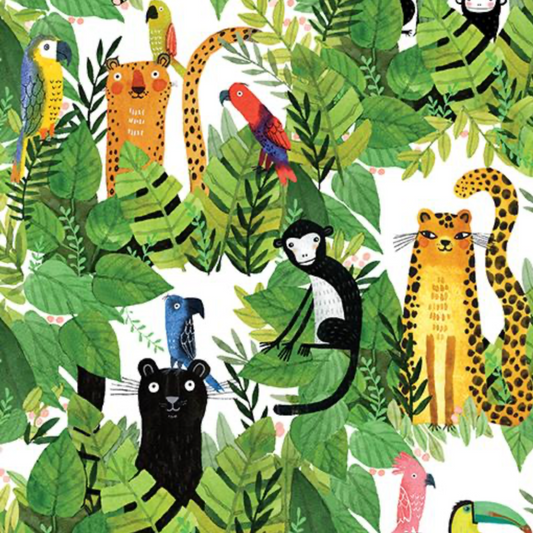 Safari Fun White/Multi quilting cotton close-up — large-scale watercolor jungle print with lush tropical leaves, leopards, black panthers, monkeys, rainbow parrots, and toucans on white — Terry Runyan for Benartex