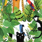 Safari Fun White/Multi quilting cotton detail — close-up of watercolor jungle foliage with leopard and black panther motifs on crisp white — Terry Runyan for Benartex