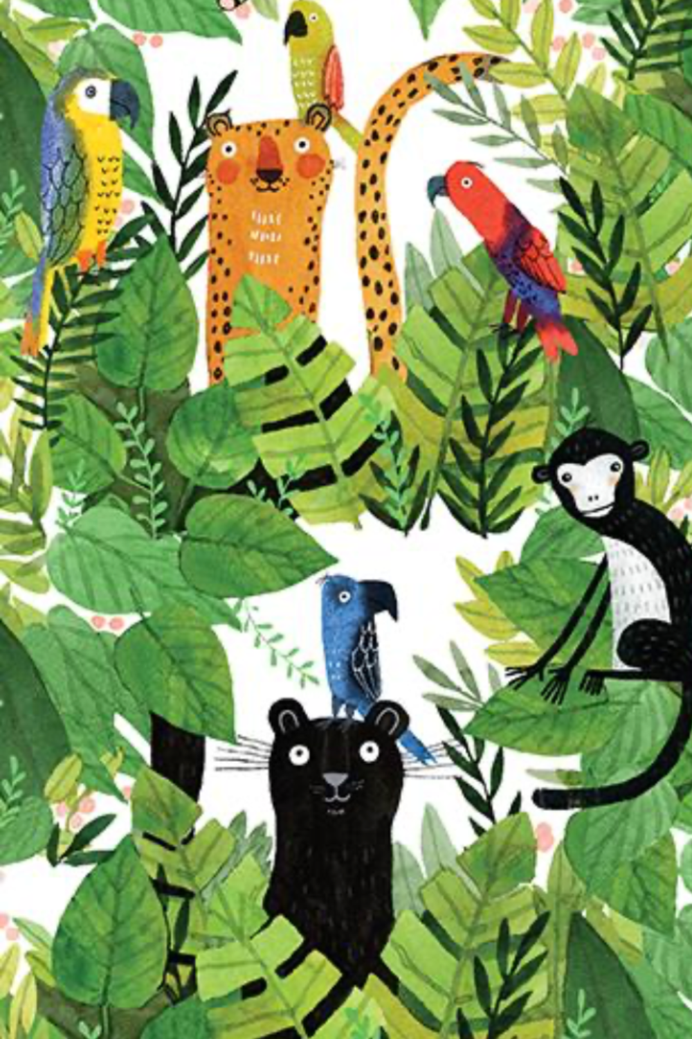 Safari Fun White/Multi quilting cotton detail — close-up of watercolor jungle foliage with leopard and black panther motifs on crisp white — Terry Runyan for Benartex
