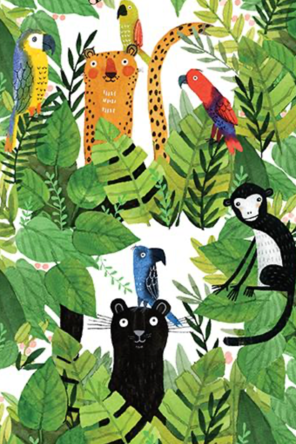 Safari Fun White/Multi by Terry Runyan for Benartex — large-scale watercolor jungle print with leopards, panthers, monkeys, parrots, and toucans on white quilting cotton — 100% cotton, 43–44" wide