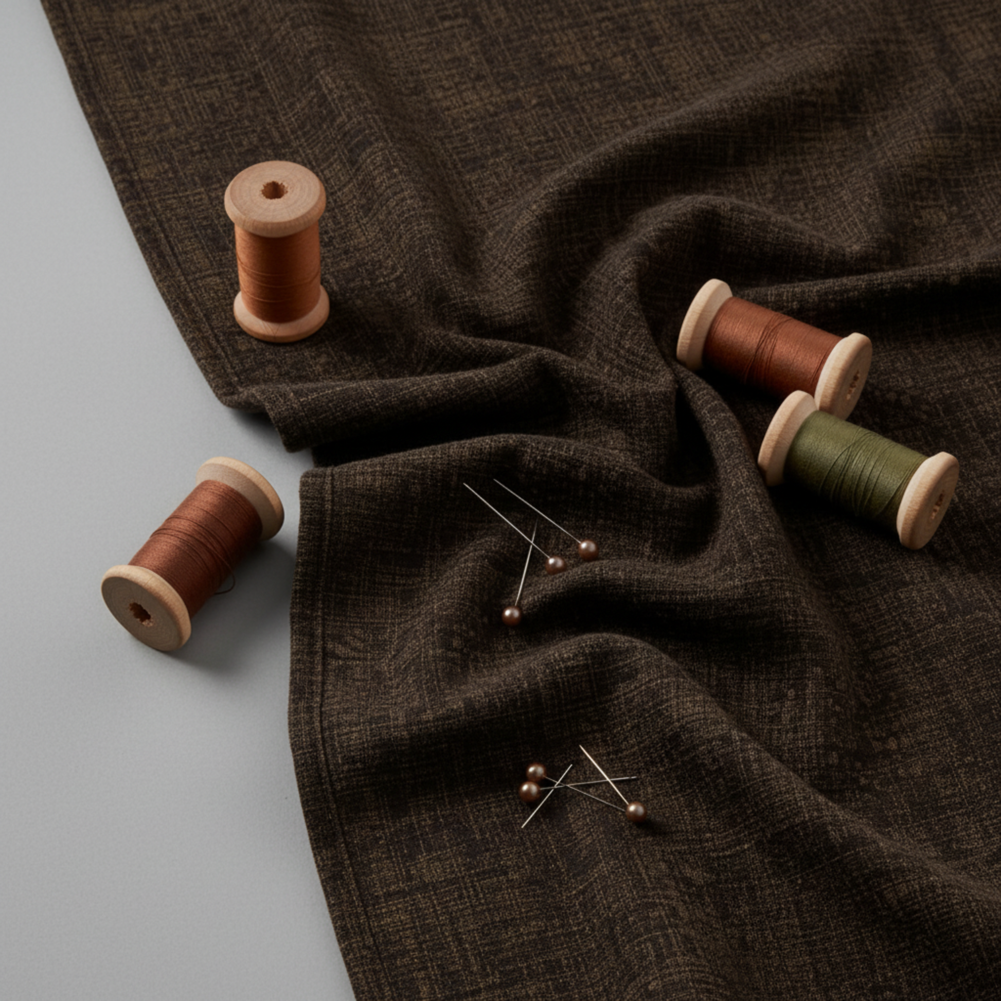 Interwoven Espresso by Jason Yenter – fabric draped on flat surface with spools of thread and pins, showing texture and body