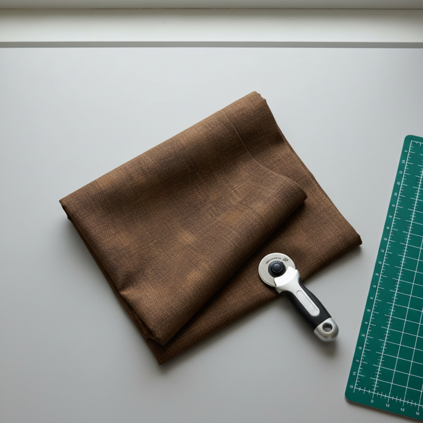 Interwoven Bark by Jason Yenter – lifestyle shot with folded fabric and rotary cutter, clean minimal setting