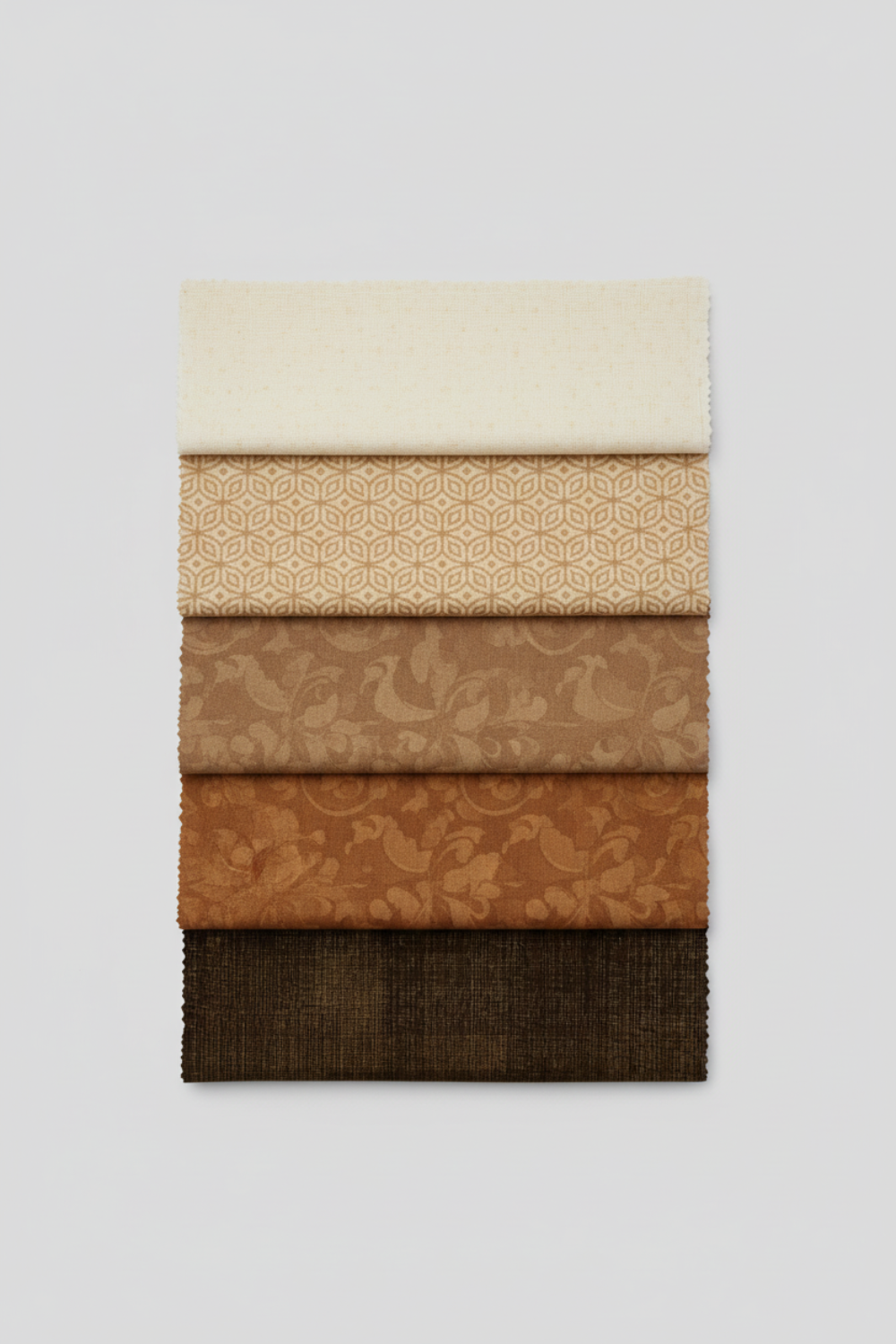 Interwoven Bark by Jason Yenter – Pinterest fabric coordination stack of 5 complementary fabrics including Interwoven Bark, stacked vertically on light grey background