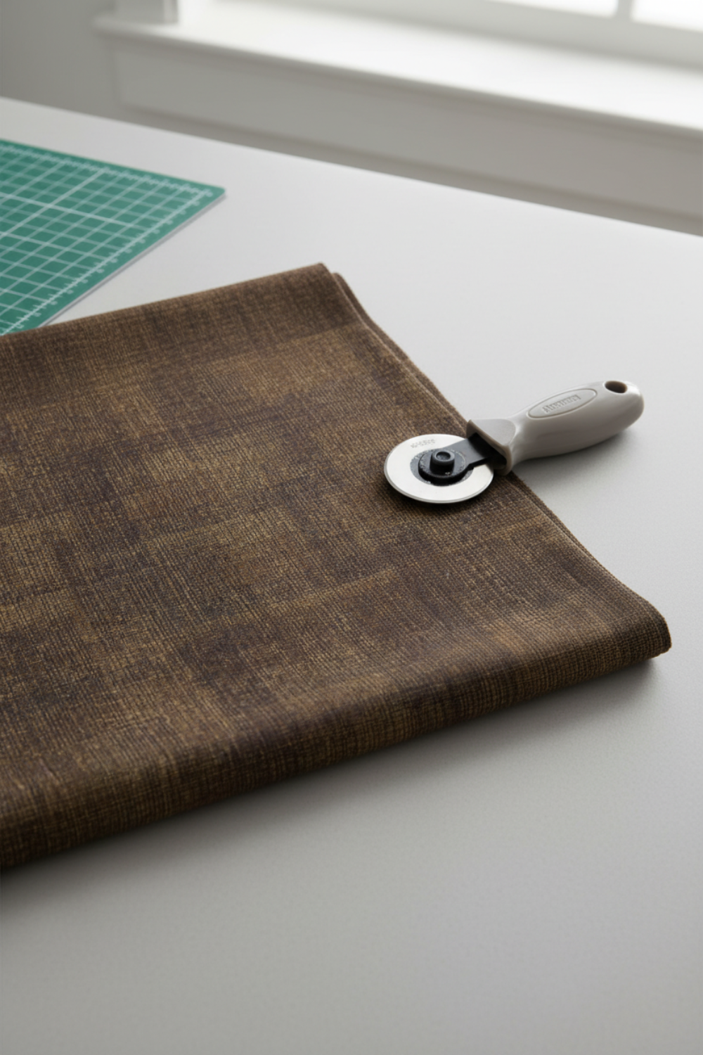 Interwoven Bark by Jason Yenter – quilt room lifestyle shot, fabric partially folded with rotary cutter on cutting mat, light grey base