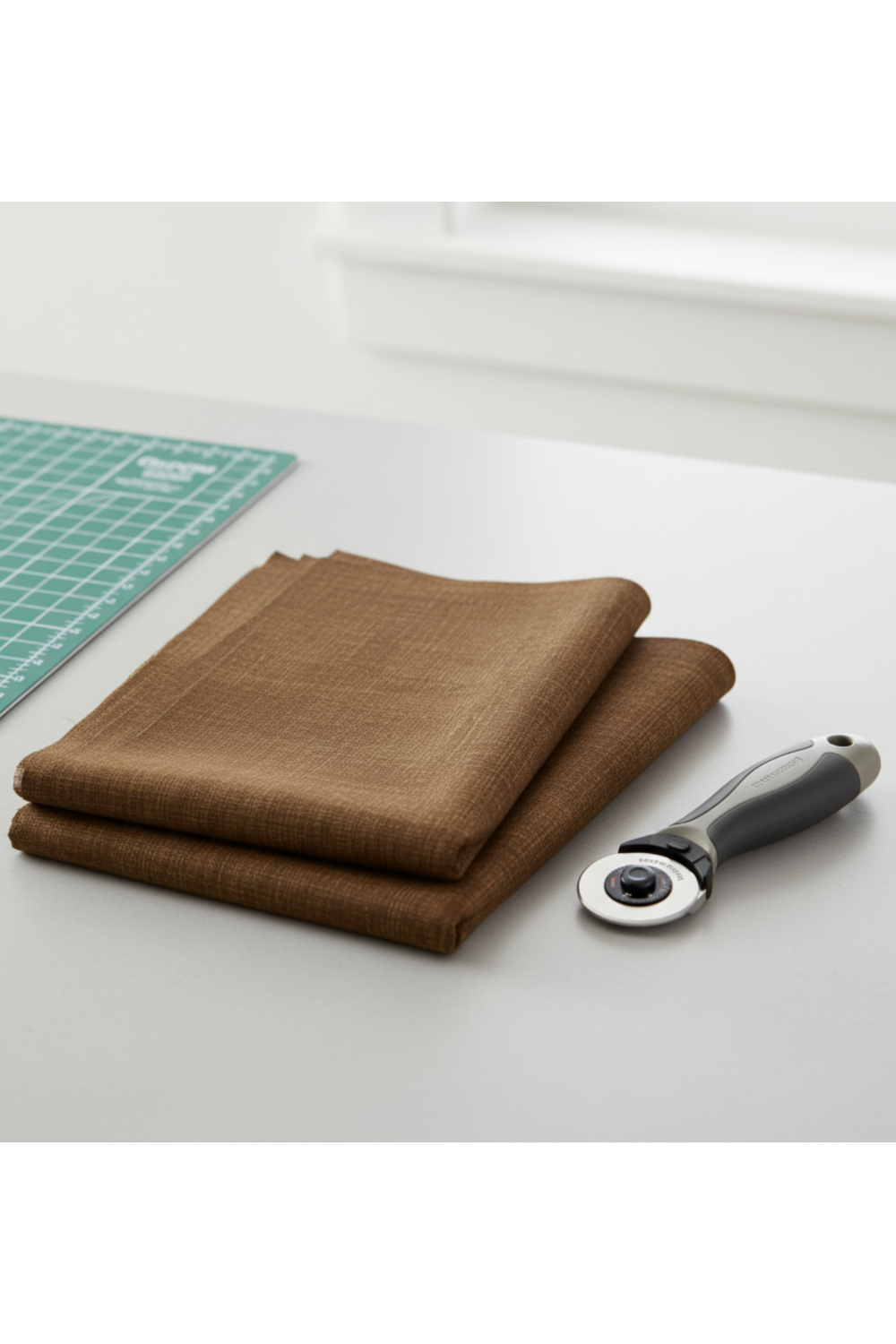 Interwoven Brown by Jason Yenter – quilt room lifestyle shot, fabric partially folded with rotary cutter and cutting mat, light grey base