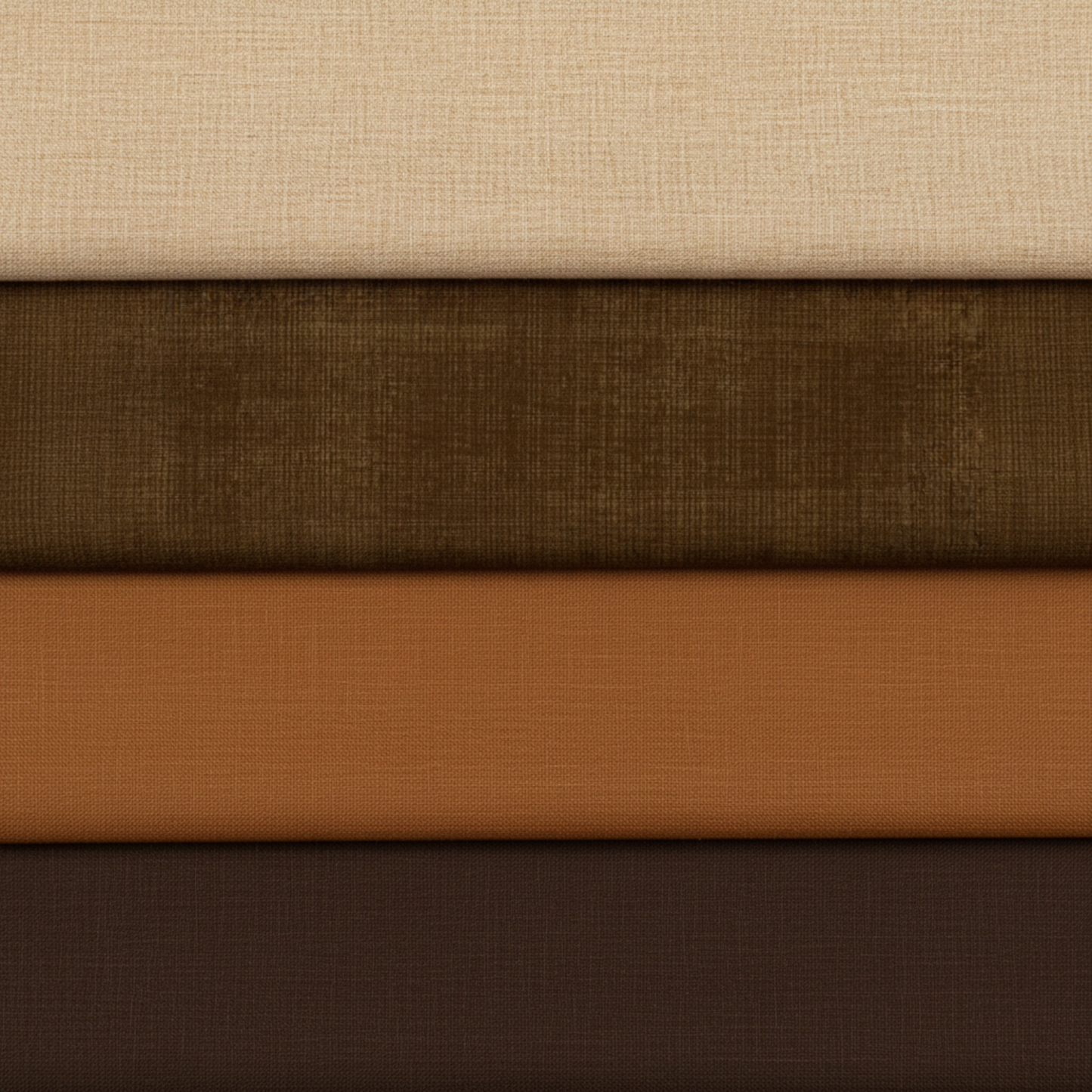 Interwoven Brown by Jason Yenter – coordination stack of 4 complementary fabrics stacked vertically on light grey background