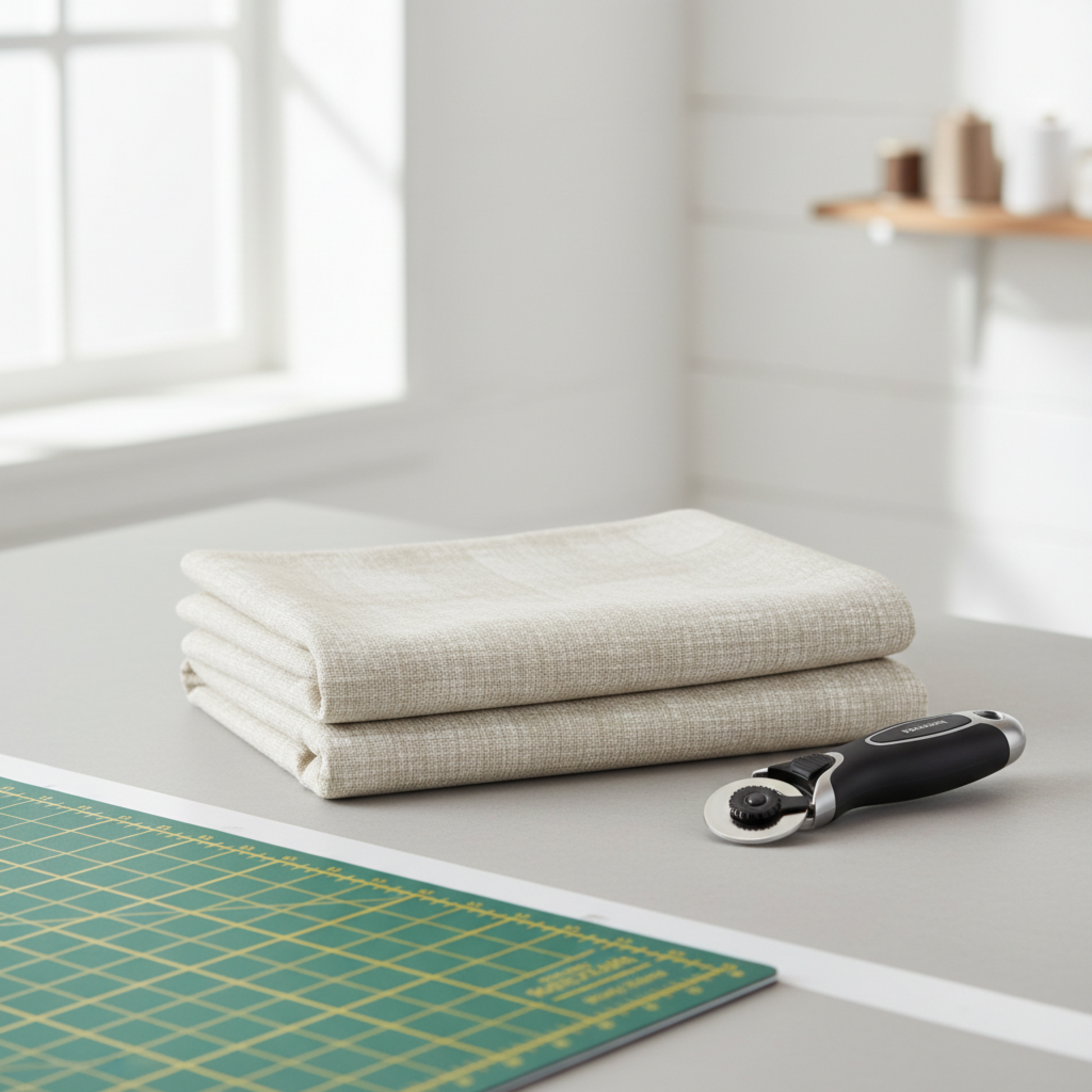 Interwoven Taupe by Jason Yenter – lifestyle shot with folded fabric, rotary cutter and cutting mat, clean minimal setting