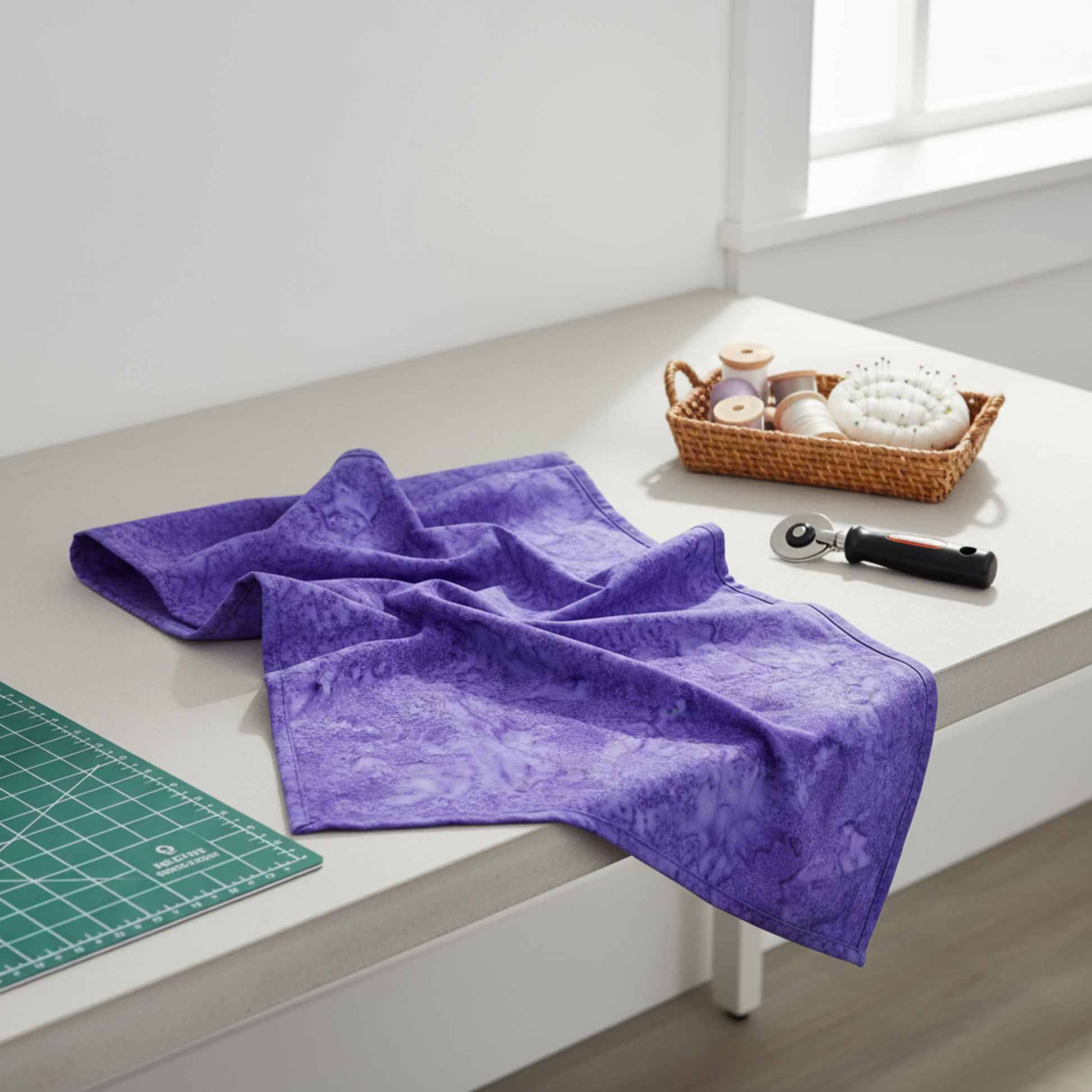 Expressions Batiks Hand-Dyed Purple II – quilting room lifestyle with basket, sewing notions, rotary cutter and cutting mat edge visible