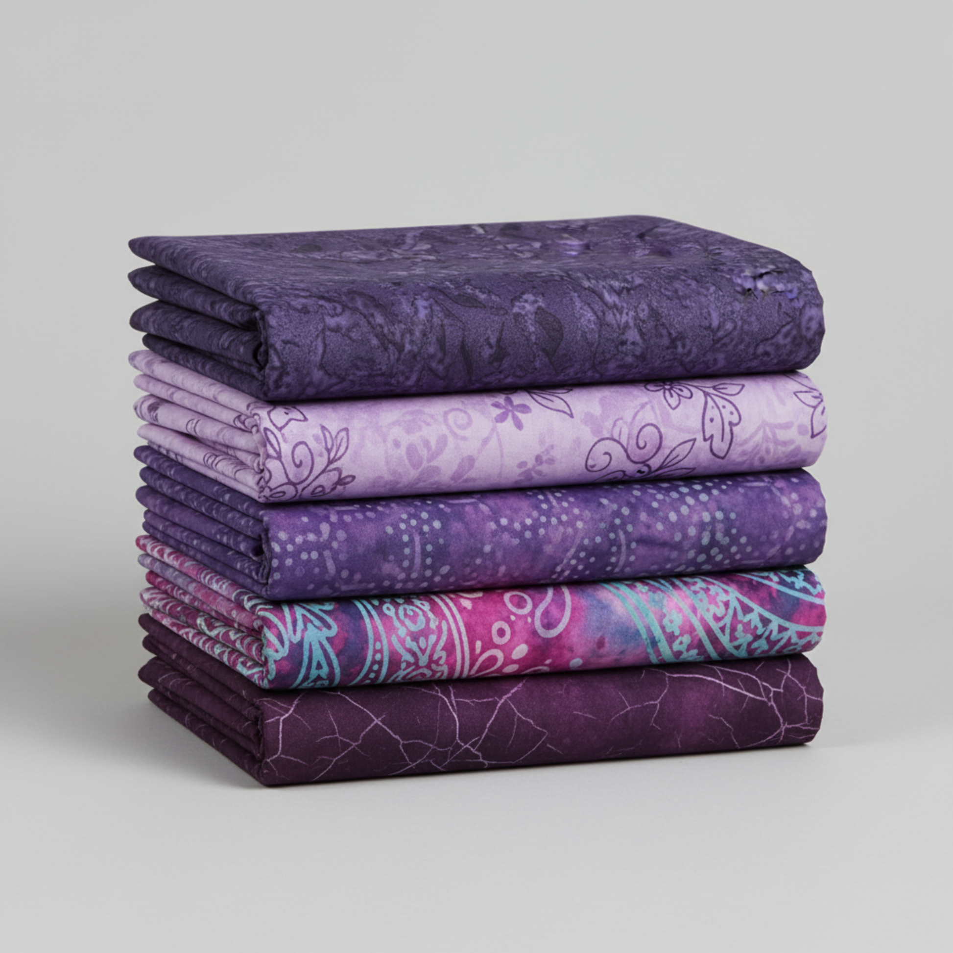 Expressions Batiks Hand-Dyed Dark Purple – coordination stack with 5 complementary fabrics arranged vertically on light grey background