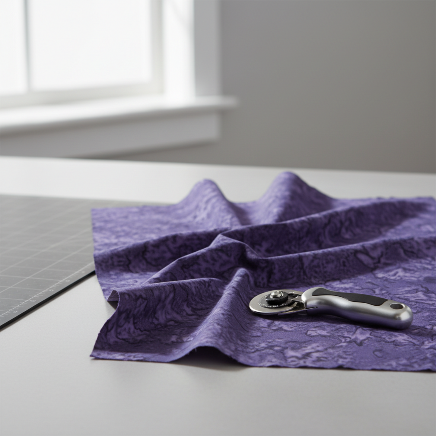 Expressions Batiks Hand-Dyed Dark Purple – fabric with soft folds in quilting room, edge of cutting mat and rotary cutter visible