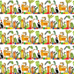 Safari Fun Stripe White/Multi by Terry Runyan for Benartex – full fabric repeat showing rows of illustrated jungle animals including tigers, leopards, toucans, and monkeys with colorful geometric border strips on white, flat lay