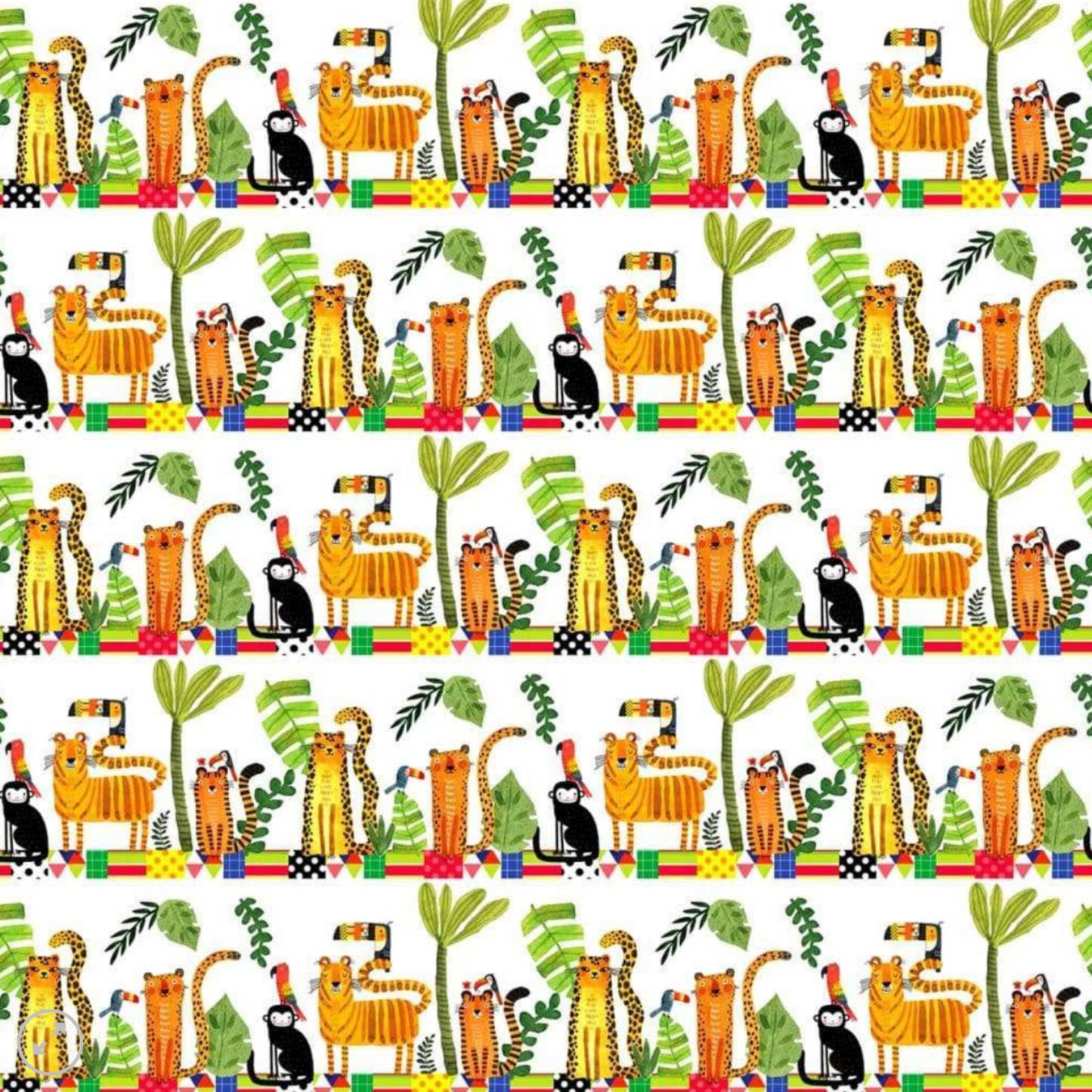 Safari Fun Stripe White/Multi by Terry Runyan for Benartex – full fabric repeat showing rows of illustrated jungle animals including tigers, leopards, toucans, and monkeys with colorful geometric border strips on white, flat lay