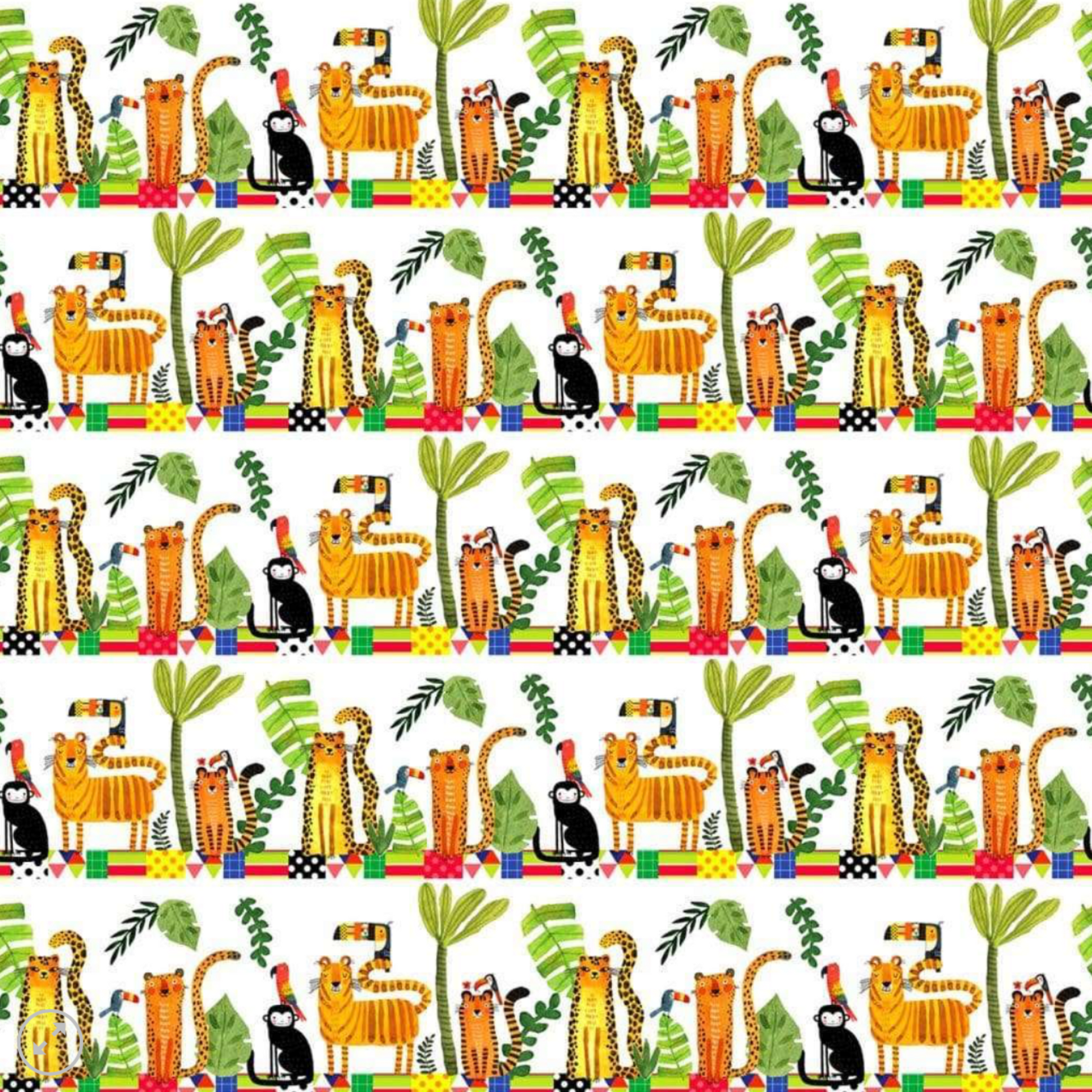 Safari Fun Stripe White/Multi by Terry Runyan for Benartex – full fabric repeat showing rows of illustrated jungle animals including tigers, leopards, toucans, and monkeys with colorful geometric border strips on white, flat lay