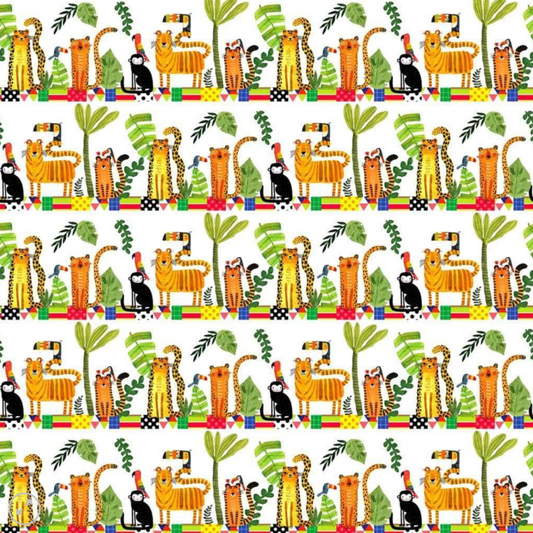 Safari Fun Stripe White/Multi by Terry Runyan for Benartex – full fabric repeat showing rows of illustrated jungle animals including tigers, leopards, toucans, and monkeys with colorful geometric border strips on white, flat lay