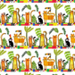 Safari Fun Stripe White/Multi by Terry Runyan for Benartex — rows of illustrated jungle animals with colorful geometric border strips on white quilting cotton — 100% cotton, 43–44" wide