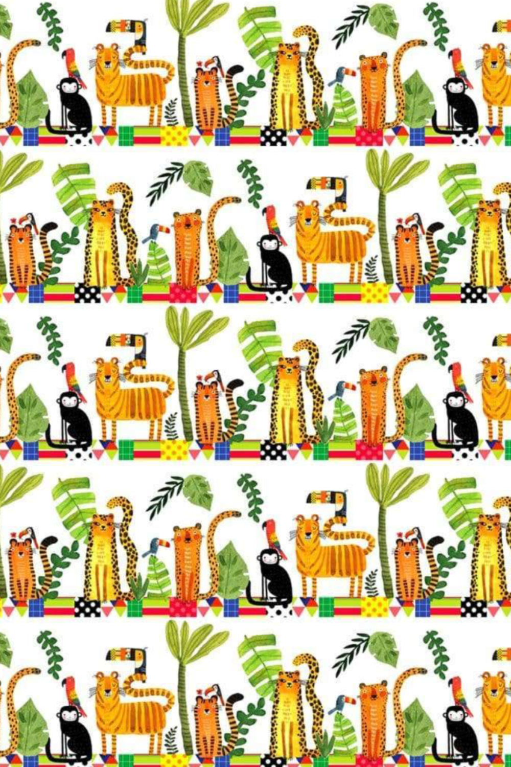 Safari Fun Stripe White/Multi by Terry Runyan for Benartex — rows of illustrated jungle animals with colorful geometric border strips on white quilting cotton — 100% cotton, 43–44" wide