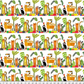 Safari Fun Stripe White/Multi by Terry Runyan for Benartex – full fabric repeat showing rows of illustrated jungle animals including tigers, leopards, toucans, and monkeys with colorful geometric border strips, shown with ruler for scale