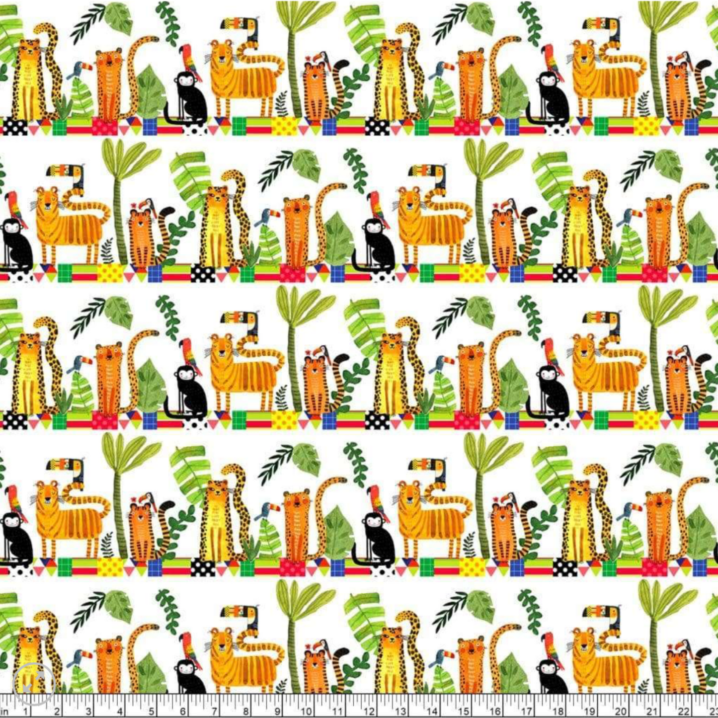 Safari Fun Stripe White/Multi by Terry Runyan for Benartex – full fabric repeat showing rows of illustrated jungle animals including tigers, leopards, toucans, and monkeys with colorful geometric border strips, shown with ruler for scale