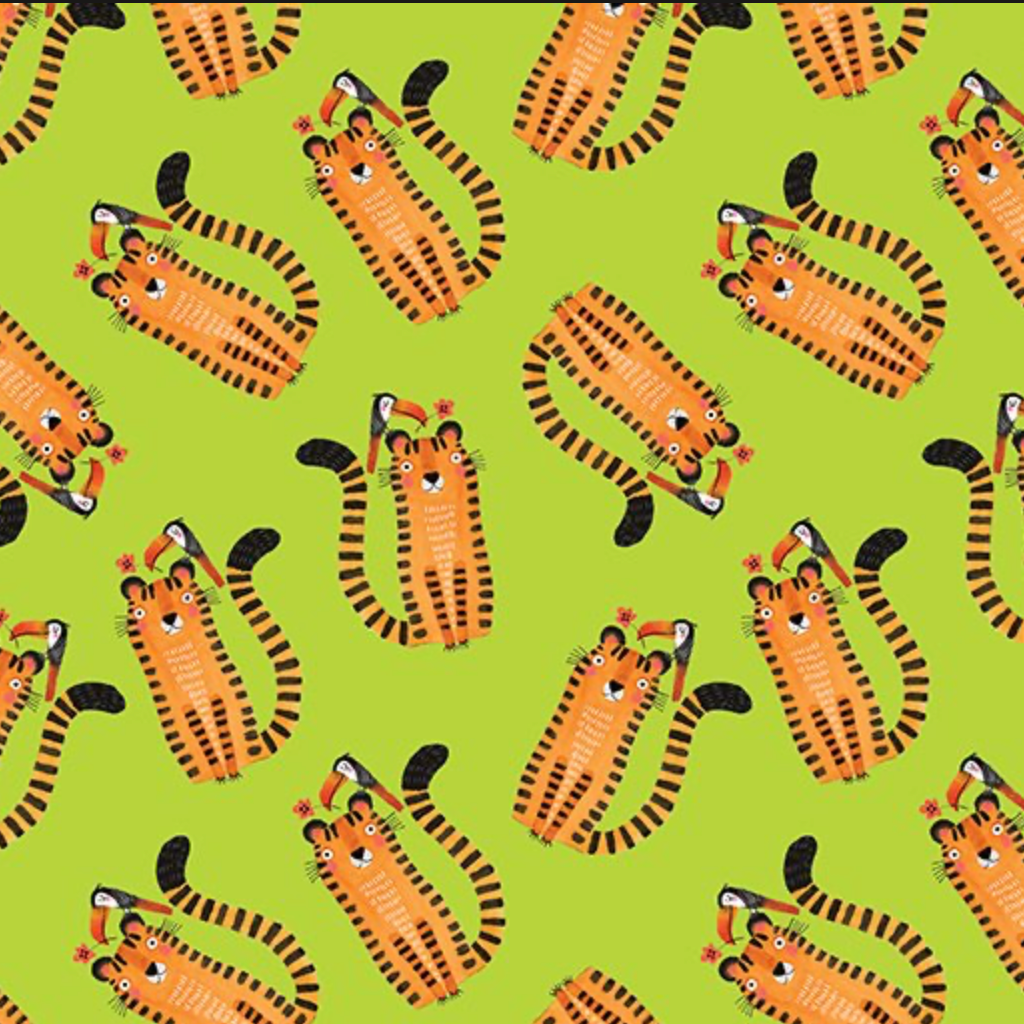 Safari Fun Tiger Too Lime by Terry Runyan for Benartex — full fabric repeat showing tossed illustrated tigers on bright lime green quilting cotton, flat lay