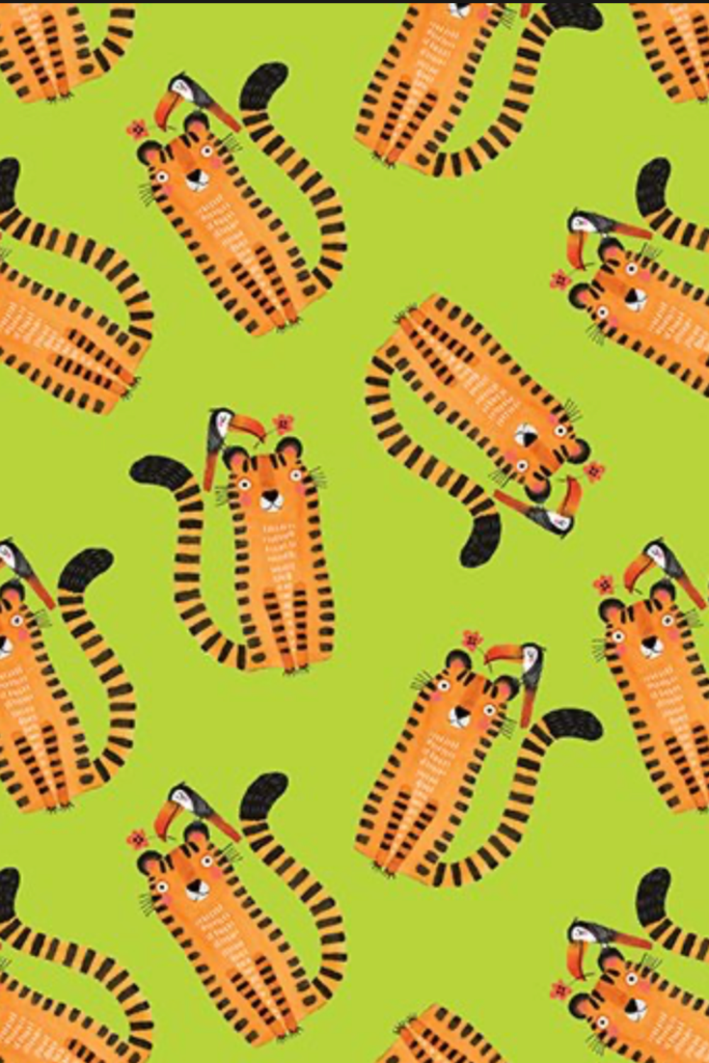 Safari Fun Tiger Too Lime by Terry Runyan for Benartex — tossed illustrated tigers on bright lime green quilting cotton — 100% cotton, 43–44" wide