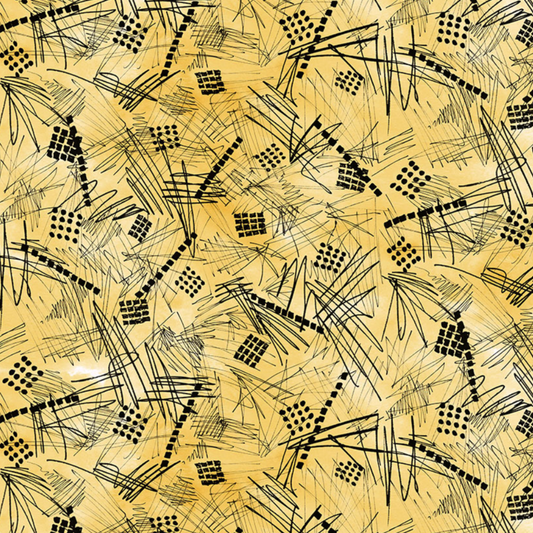 Heat Wave Bask Sun by Katie Pasquini Masopust for FreeSpirit – full fabric repeat showing tossed black hand-drawn scribble lines, dot grid clusters, dashed sequences, and grid squares on golden amber watercolor-washed quilting cotton