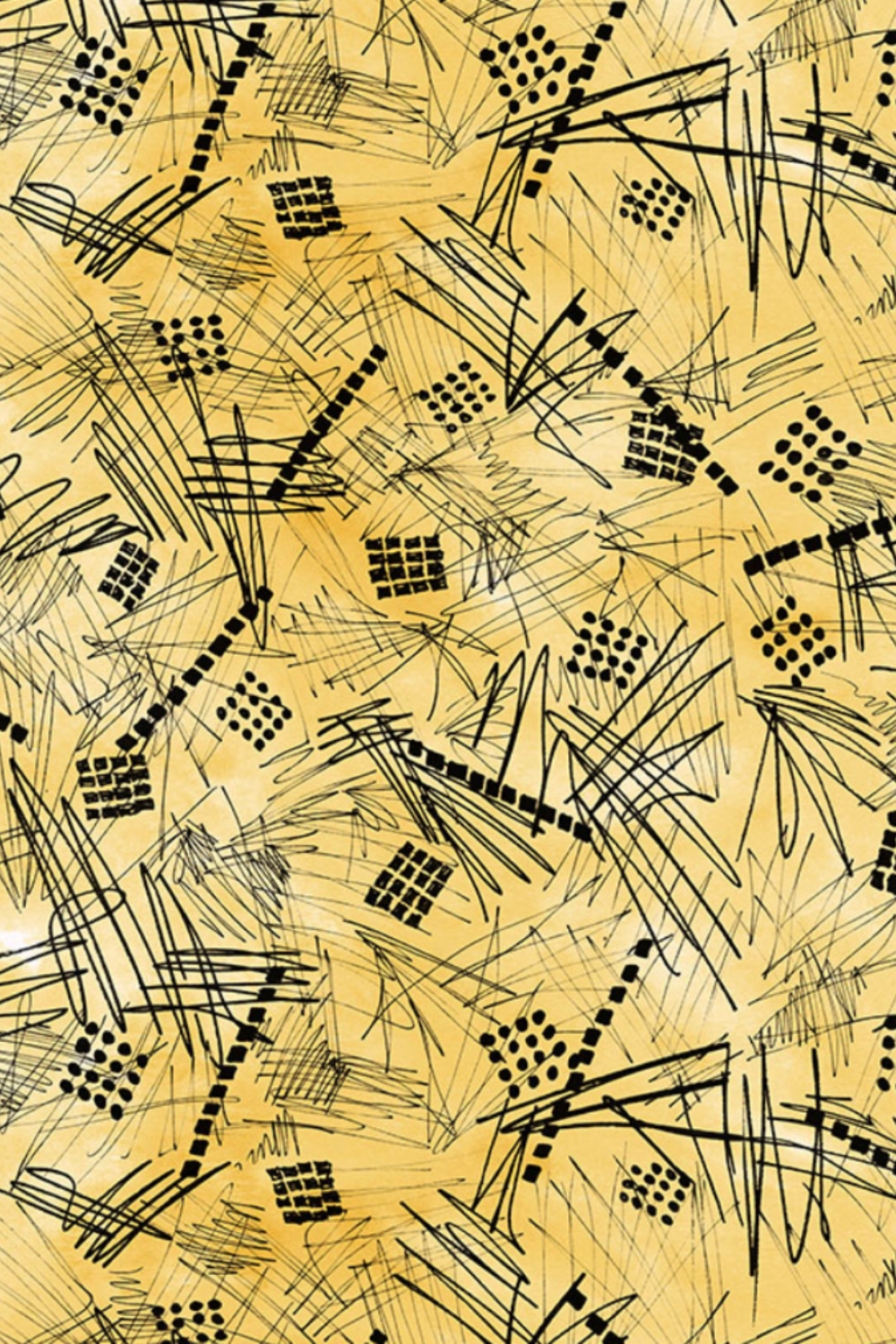 Heat Wave Bask Sun by Katie Pasquini Masopust for FreeSpirit Fabrics — golden amber quilting cotton with tossed black hand-drawn scribble lines, dot grid clusters, and grid squares. 100% cotton, 43–44" wide. Perfect for modern and art quilts.