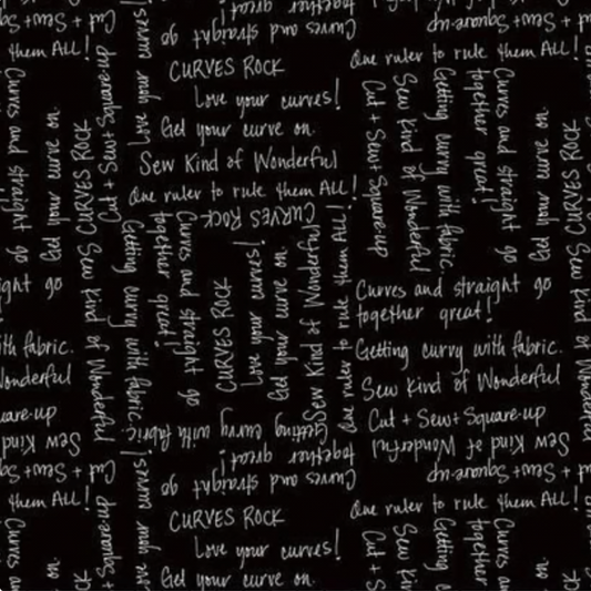 Writing on the Wall Curves Black quilting cotton – bold black and white handwritten script print by Sew Kind of Wonderful for FreeSpirit Fabrics