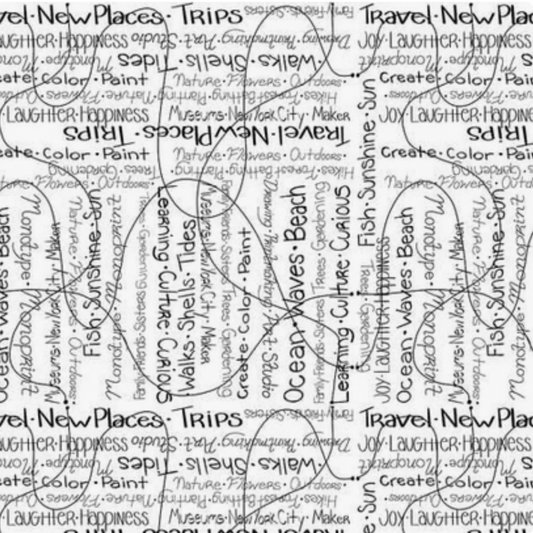 Writing on the Wall Going Places White quilting cotton – black handwritten script words on white by Sew Kind of Wonderful for FreeSpirit Fabrics