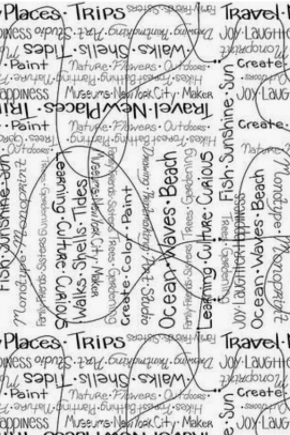 Writing on the Wall Going Places White quilting cotton by Sew Kind of Wonderful for FreeSpirit Fabrics -- close-up of crisp white ground with black handwritten travel and lifestyle words including Travel, New Places, Joy, Ocean, Waves, Beach, Sunshine, Create, Color, and Nature -- 100% cotton, 43-44" wide