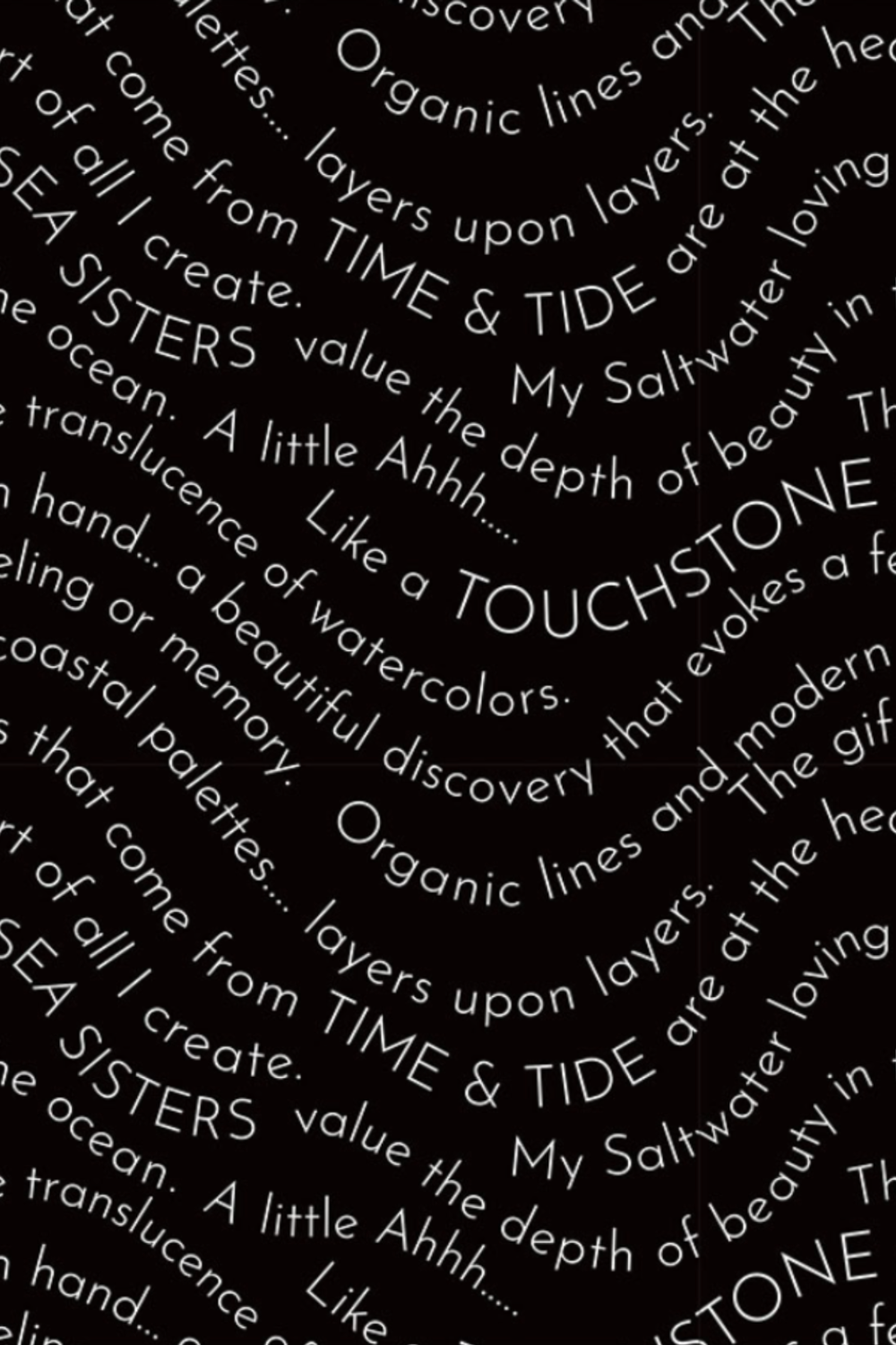 Writing on the Wall Script Black quilting cotton by FreeSpirit Fabrics -- close-up of bold black ground with free-flowing white script text in curved waves including Sea Sisters, Time and Tide, Touchstone, and coastal-inspired phrases -- 100% cotton, 43-44" wide